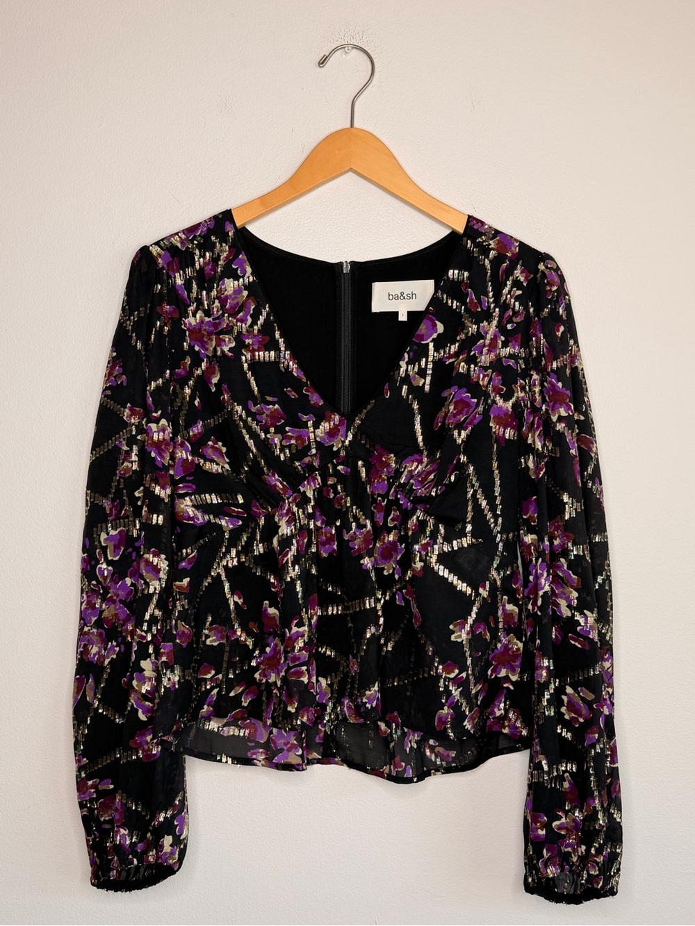 ba&sh Divine Silk Blend Gold Lurex Long Sleeved Peasant Top in Noir US Size 4 - Picture 7 of 15